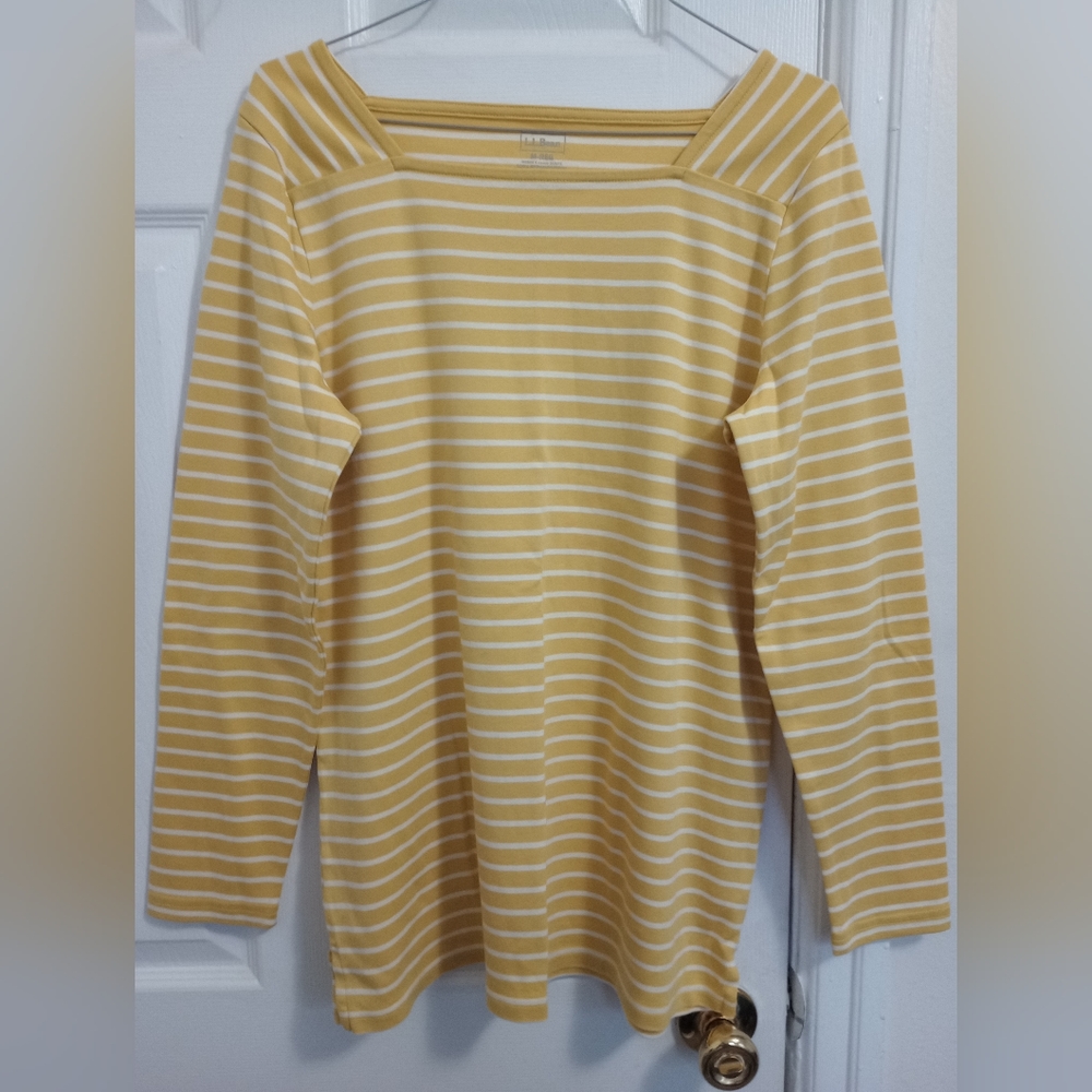 LL Bean women's long sleeve top blouse size M yellow white stripe supima cotton
